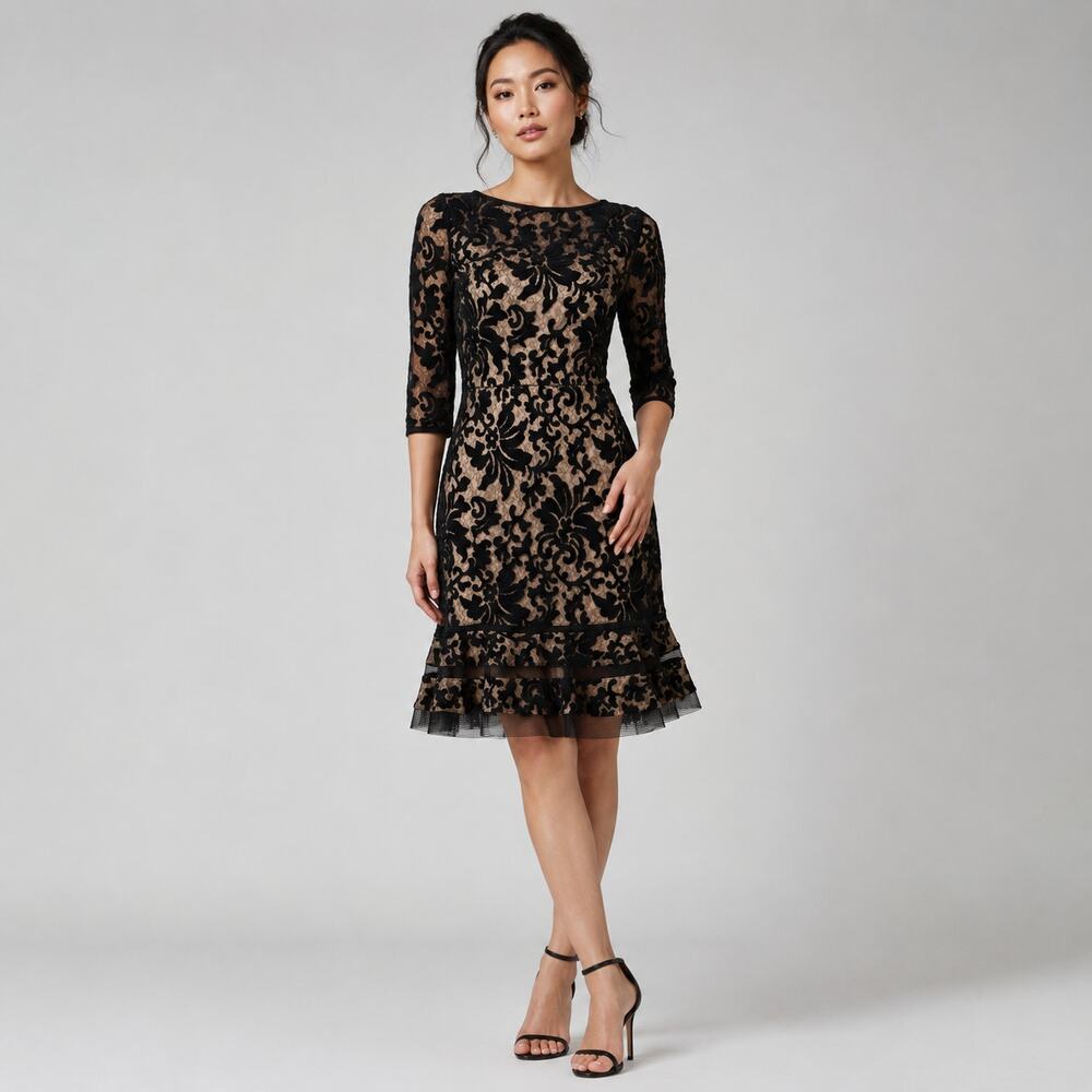 Tadashi Shoji Black nude Lace Cocktail Dress 3/4 Sleeves size 6